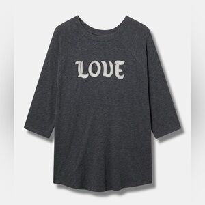 Torrid 1X Love Classic Raglan Tee Gray 3/4 sleeve